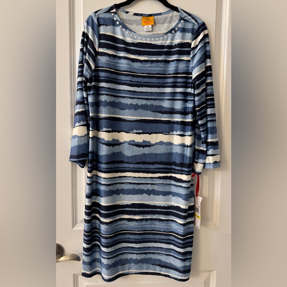 #2251 - Ruby Rd. Blue White & Black Abstract Stripe Stud Accent Round Neck Dress